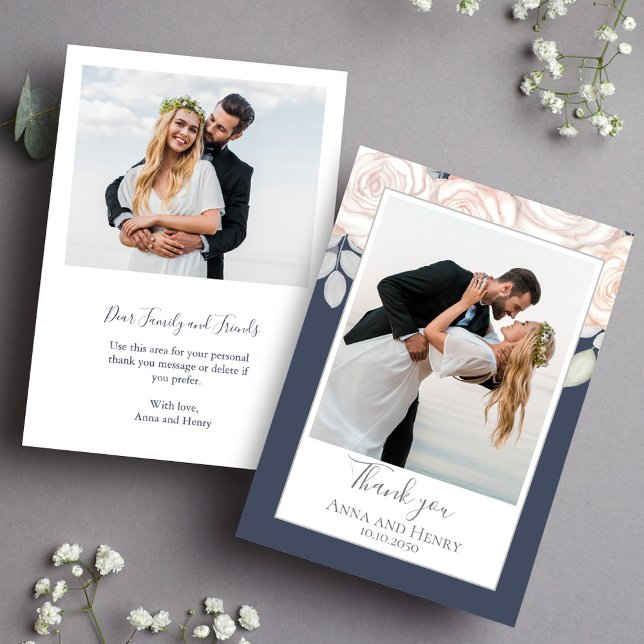 Cartão De Agradecimento Casamento Floral Elegante Obrigado Slate Blue Simp (Elegant wedding thank you card with couple photo and blush watercolor floral design.)