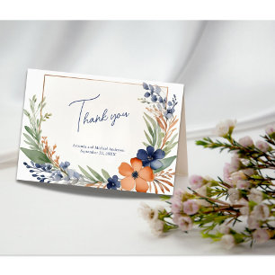 Cartão De Agradecimento Casamento Floral em Aquarela Laranja Ferrugem Azul