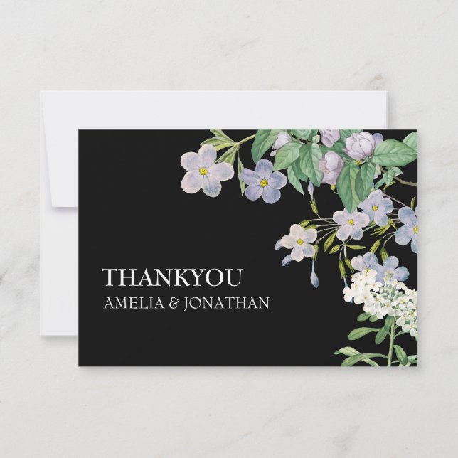 Cartão De Agradecimento Casamento Floral em Aquarela Preto e Branco Modern (Frente)