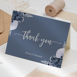Cartão De Agradecimento Casamento Floral em Azul Desbotado e Prata Script
