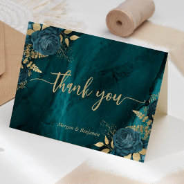 Cartão De Agradecimento Casamento Floral em Azul Turquesa e Dourado