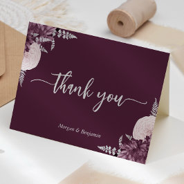 Cartão De Agradecimento Casamento Floral em Roxo Prateado Script