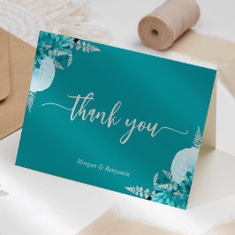 Cartão De Agradecimento Casamento Floral em Turquesa e Prata