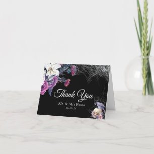 Cartão De Agradecimento Casamento Floral Esqueleto Gótico Roxo Preto Elega