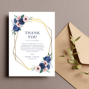 Cartão De Agradecimento Casamento Floral Geométrico Azul Marinho e Bege