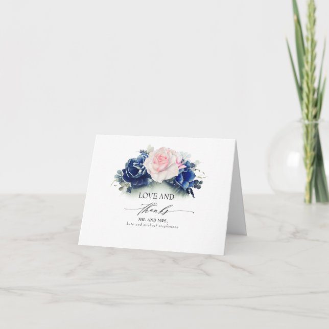 Cartão De Agradecimento Casamento Floral marinho Azul e Rosa Obrigado (Frente)