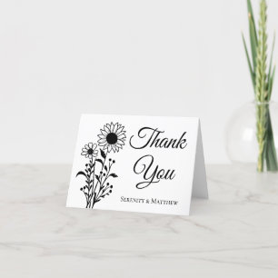 Cartão De Agradecimento Casamento Floral Minimalista Preto e Branco Elegan