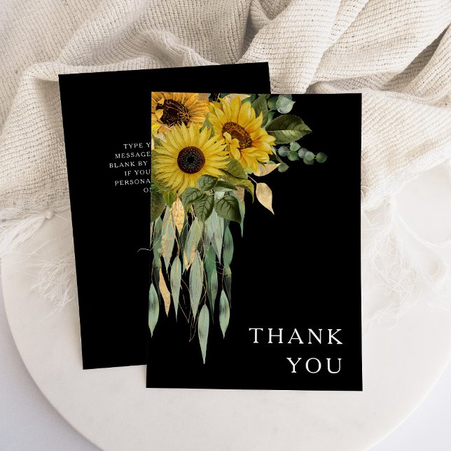 Cartão De Agradecimento Casamento Floral Negro Elegante (Floral Sunflower Eucalyptus Black Wedding Thank You Card)
