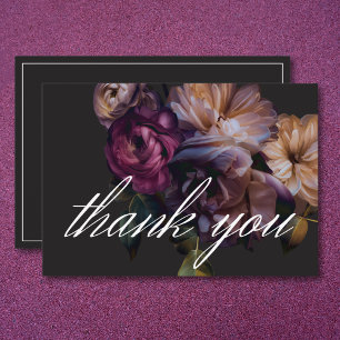 Cartão De Agradecimento Casamento Floral Negro Elegante
