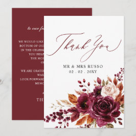 Cartão De Agradecimento Casamento Floral Outono Burgundy Elegante Roteiro