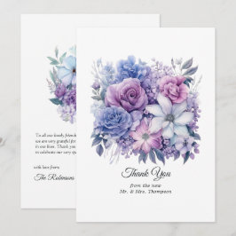 Cartão De Agradecimento Casamento Floral Prateado, Azul Gelo e Lilás