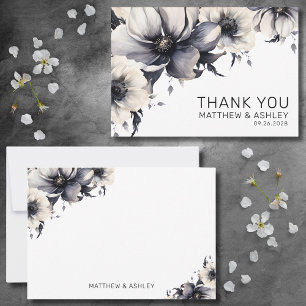 Cartão De Agradecimento Casamento Floral Preto Branco Boho Moderno Elegant