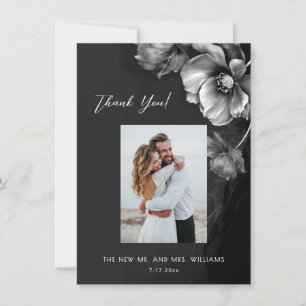 Cartão De Agradecimento Casamento Floral Preto Cinza Prata Obrigado