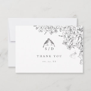 Cartão De Agradecimento Casamento Floral Preto e Branco Clássico Elegante