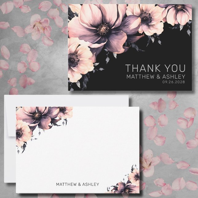 Cartão De Agradecimento Casamento Floral Preto-Rosa Moderno (Elegant Modern Pink Black Floral Wedding Thank You Card)