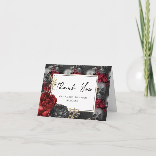 Cartão De Agradecimento Casamento Floral Preto Vermelho Gótico (Frente)