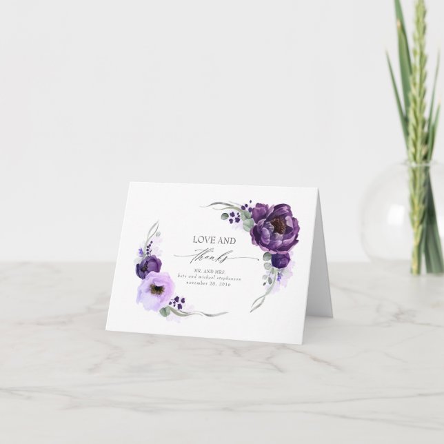 Cartão De Agradecimento Casamento Floral Purple Obrigado (Frente)