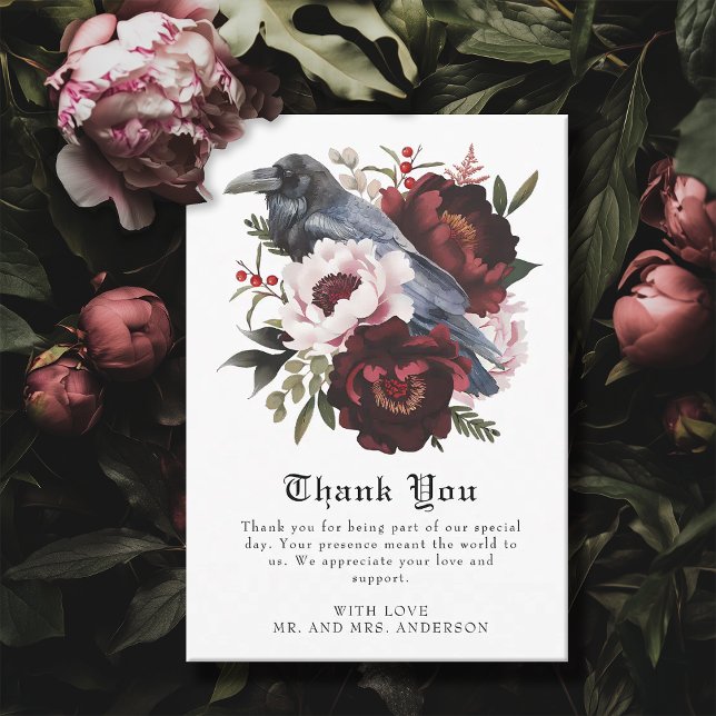 Cartão De Agradecimento Casamento Floral Raven Raven Gótico Romântico (Criador carregado)