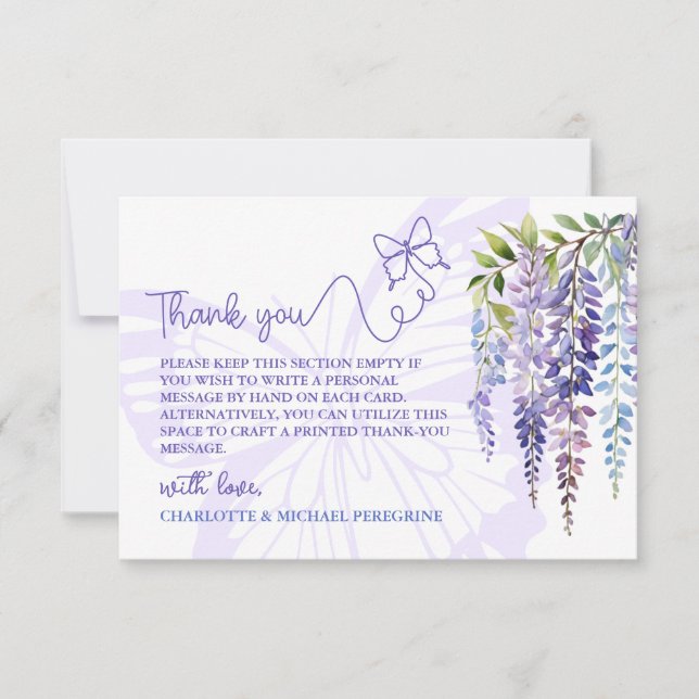 Cartão De Agradecimento Casamento Floral Romântico Lilac Wisteria e Borbol (Frente)