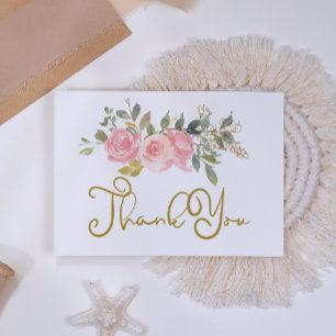 Cartão De Agradecimento Casamento Floral Rosa Bege Luxuriante Aquarela