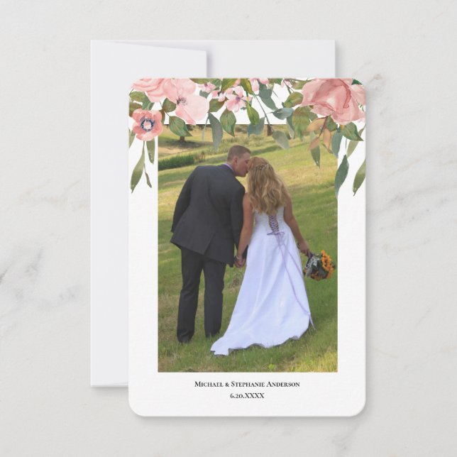 Cartão De Agradecimento Casamento Floral Rosa com Duas Fotos Modernas (Frente)