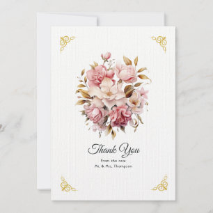Cartão De Agradecimento Casamento Floral Rosa e Dourado