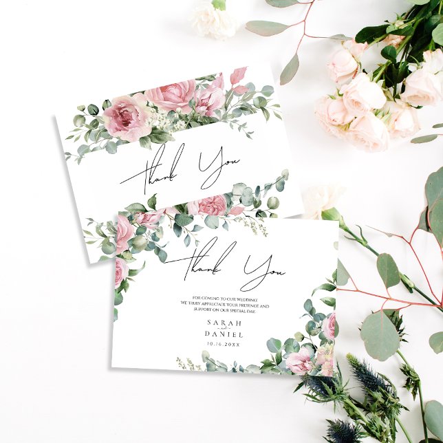 Cartão De Agradecimento Casamento Floral Rosa em Aquarela (Criador carregado)
