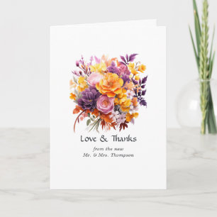 Cartão De Agradecimento Casamento Floral Roxo, Laranja e Amarelo