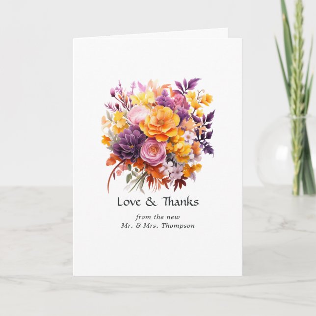 Cartão De Agradecimento Casamento Floral Roxo, Laranja e Amarelo (Frente)