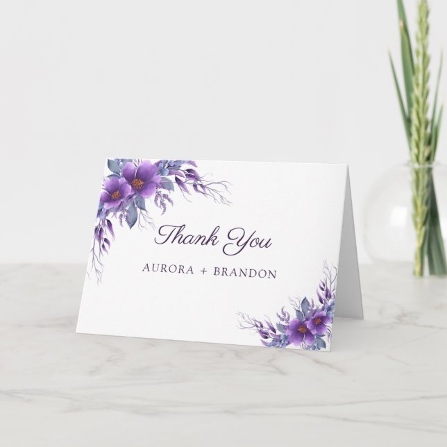 Cartão De Agradecimento Casamento Floral Roxo Rústico (Frente)