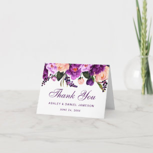 Cartão De Agradecimento Casamento Floral Roxo Ultra Violet Obrigado Nota