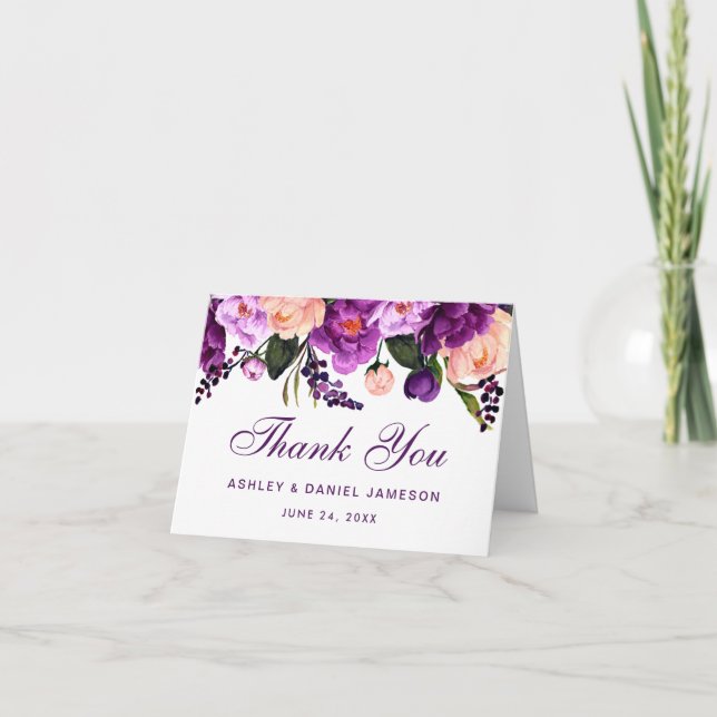 Cartão De Agradecimento Casamento Floral Roxo Ultra Violet Obrigado Nota (Frente)