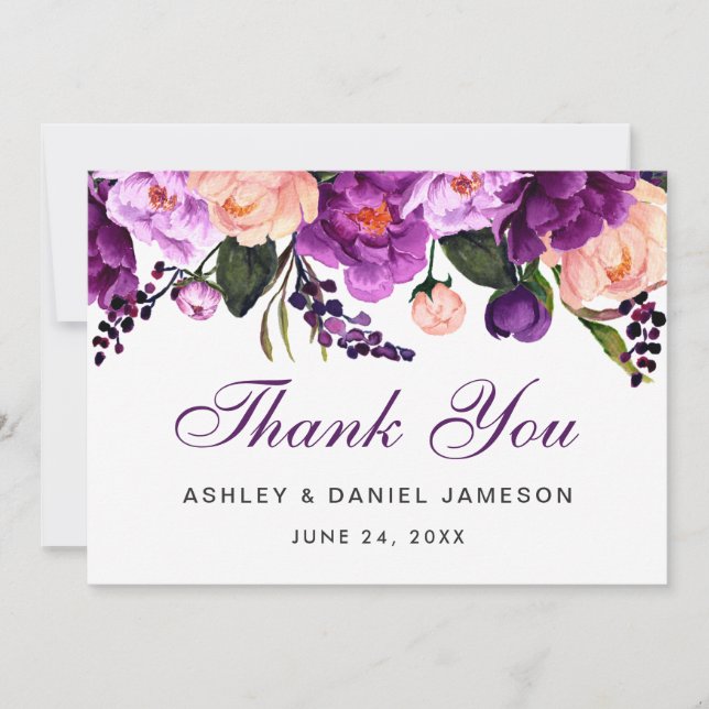 Cartão De Agradecimento Casamento Floral Roxo Ultra Violet Obrigado VP (Frente)