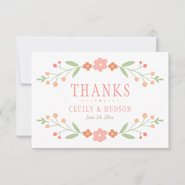 Cartão De Agradecimento Casamento Floral Rustic Coral Pink e Green (Frente)