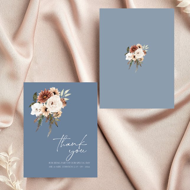 Cartão De Agradecimento Casamento Floral Rustic Dusty Blue Peach Obrigado (Elegant Dusty Blue Peach Floral Wedding Thank You)