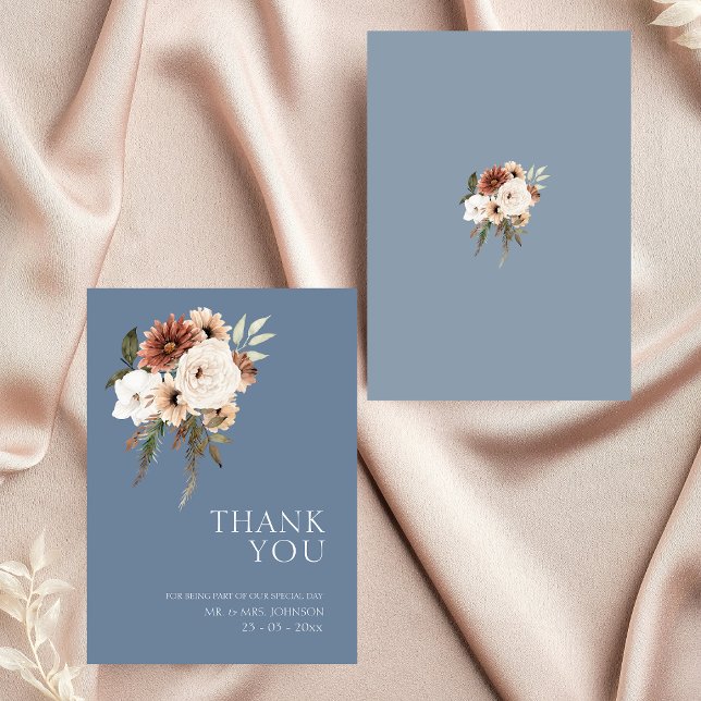 Cartão De Agradecimento Casamento Floral Rustic Dusty Blue Peach Obrigado (Elegant Dusty Blue Peach Floral Wedding Thank You)