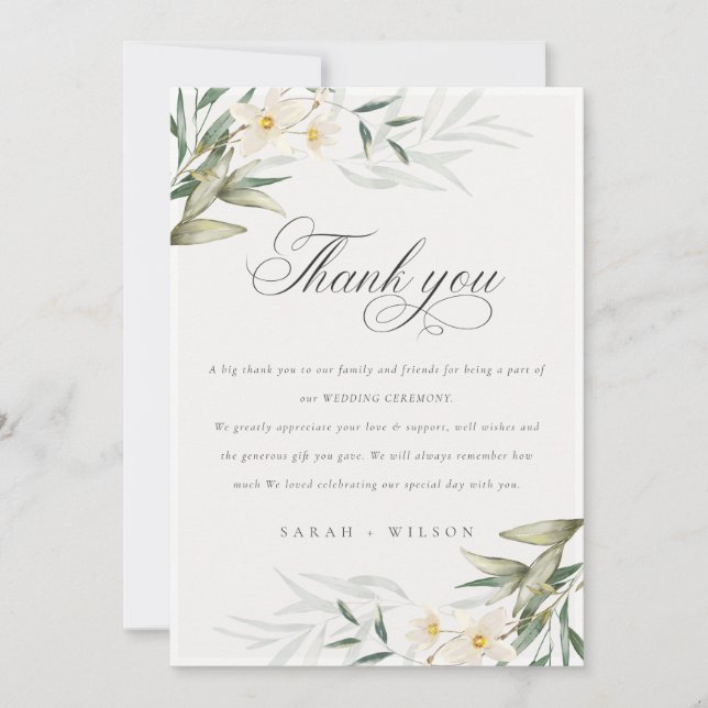 Cartão De Agradecimento Casamento Floral Rustic Elegant White Greenery (Frente)