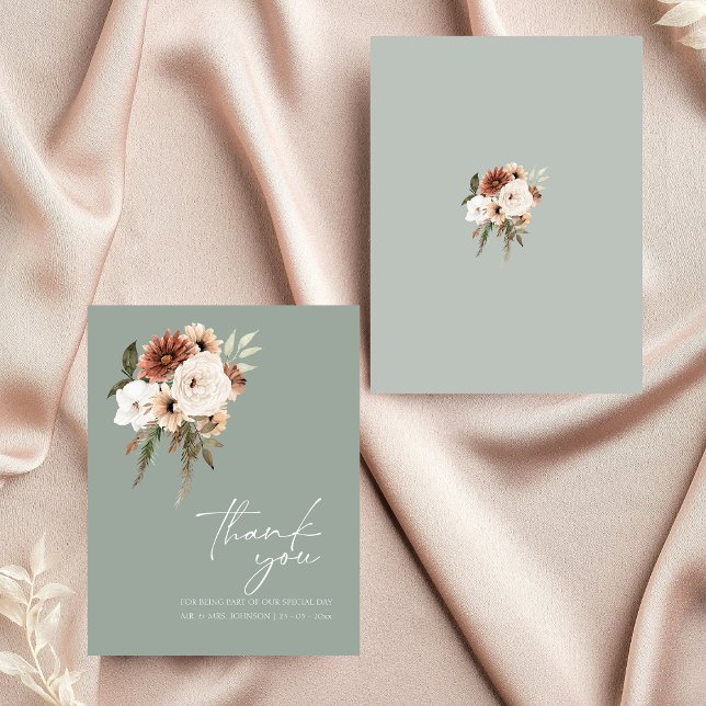 Cartão De Agradecimento Casamento Floral Rustic Sage Green Peach (Rustic Sage Green Peach Floral Wedding Thank You Card)