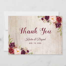 Cartão De Agradecimento Casamento Floral Rustic Woodgrain Burgundy Blush
