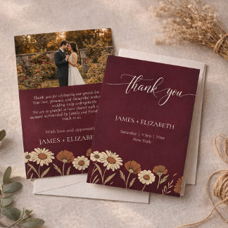 Cartão De Agradecimento Casamento Floral Rústico Borgonha