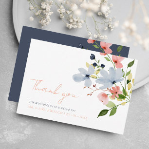 Cartão De Agradecimento Casamento Floral Simples Boho Azul e Rosa