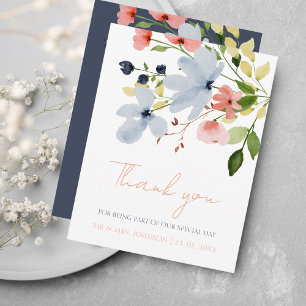 Cartão De Agradecimento Casamento Floral Simples Boho Azul e Rosa