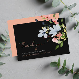 Cartão De Agradecimento Casamento Floral Simples Preto e Rosa