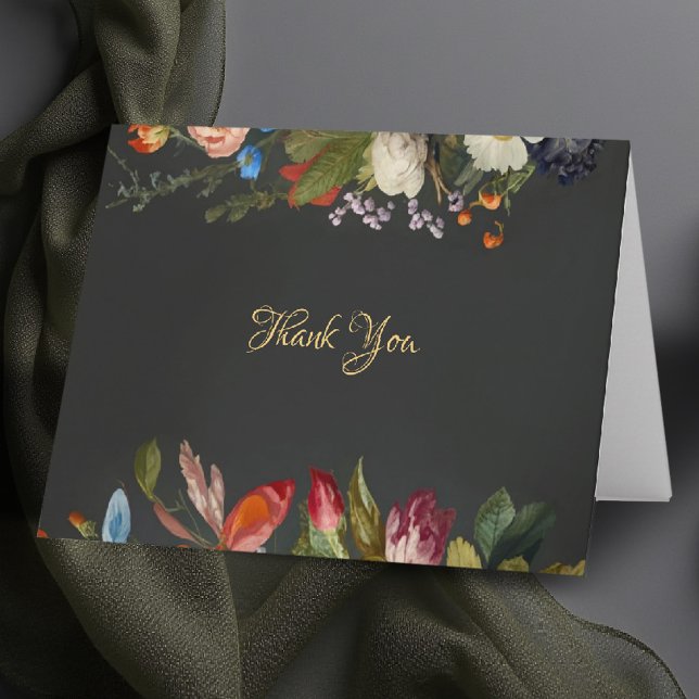 Cartão De Agradecimento Casamento Floral Sombrio Gótico Romântico Temperam (moody wedding folded thank you card dark romantic gothic elegant modern classic floral oil painting)