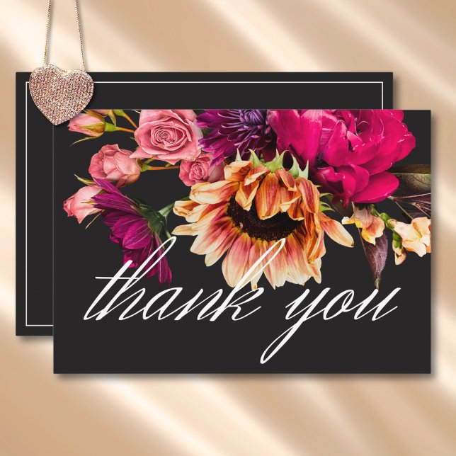 Cartão De Agradecimento Casamento Floral Sunset Elegante de Vibrante Solar (Elegant Moody Vibrant Sunset Floral Wedding Thank You Card)