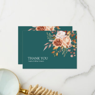 Cartão De Agradecimento Casamento Floral Terracota Aquarela Azul Outono