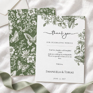 Cartão De Agradecimento Casamento Floral Toile de Borboleta em Verde Salvi