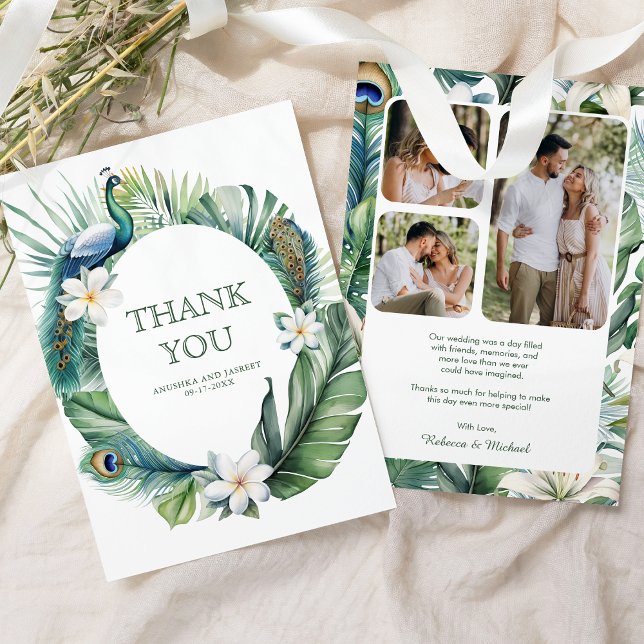 Cartão De Agradecimento Casamento Floral Tropical Indiana Peacock (Criador carregado)