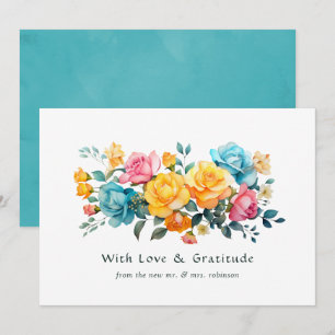 Cartão De Agradecimento Casamento Floral Turquesa, Amarelo e Rosa