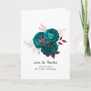 Cartão De Agradecimento Casamento Floral Turquesa e Borgonha